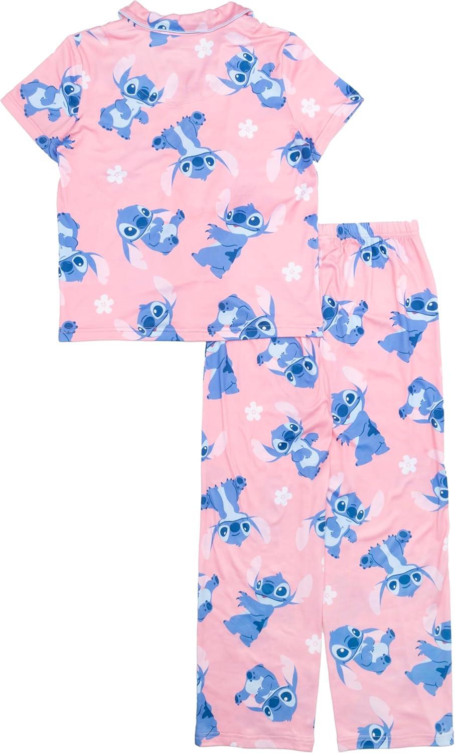 imageDisney Girls 2Piece Loosefit Button Down Pajama Set Soft ampamp Cute for KidsStitch Flowers