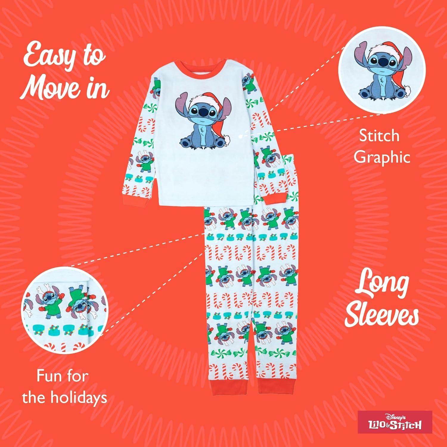 imageDisney unisexchild 2piece Snugfit Cotton Holiday Pajama Set Soft ampamp Cute for KidsChristmas Stitch