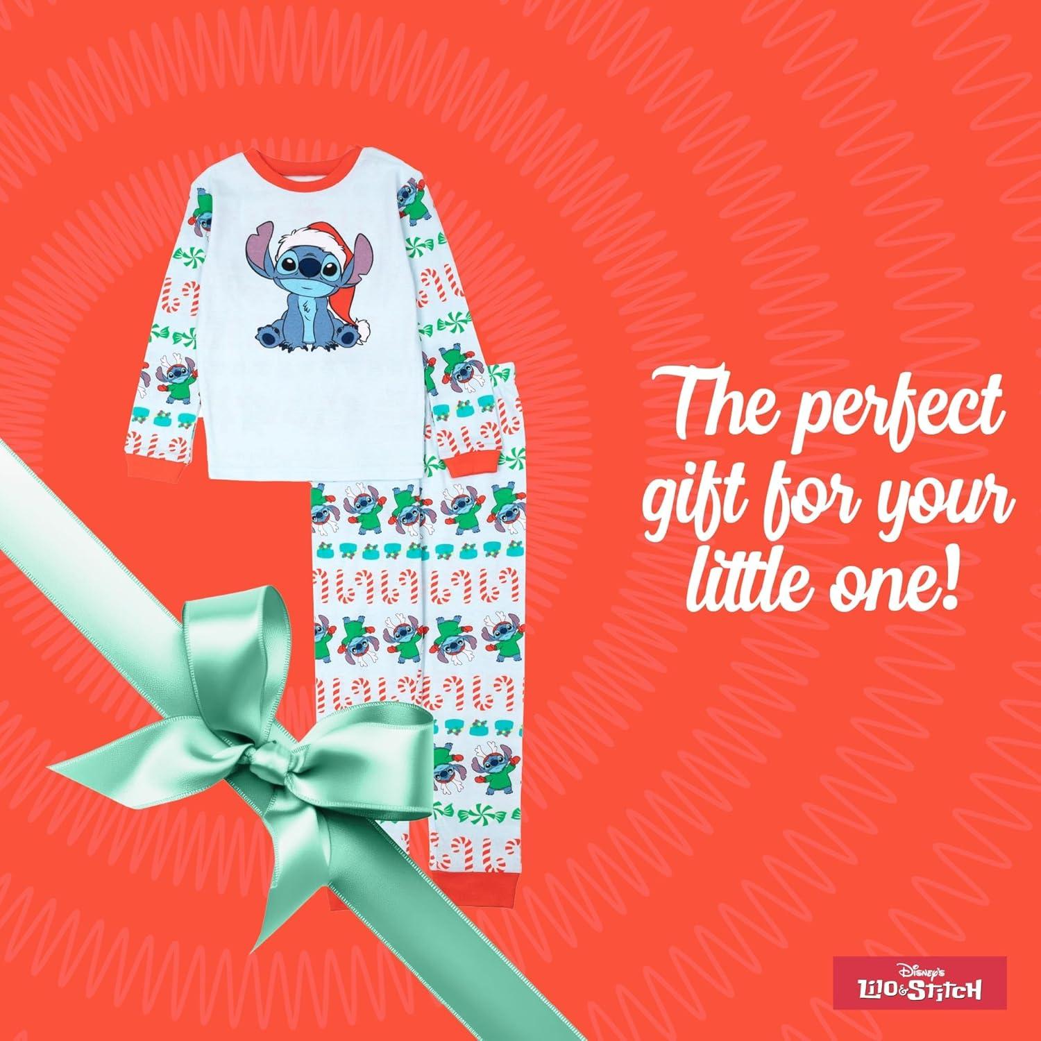 imageDisney unisexchild 2piece Snugfit Cotton Holiday Pajama Set Soft ampamp Cute for KidsChristmas Stitch
