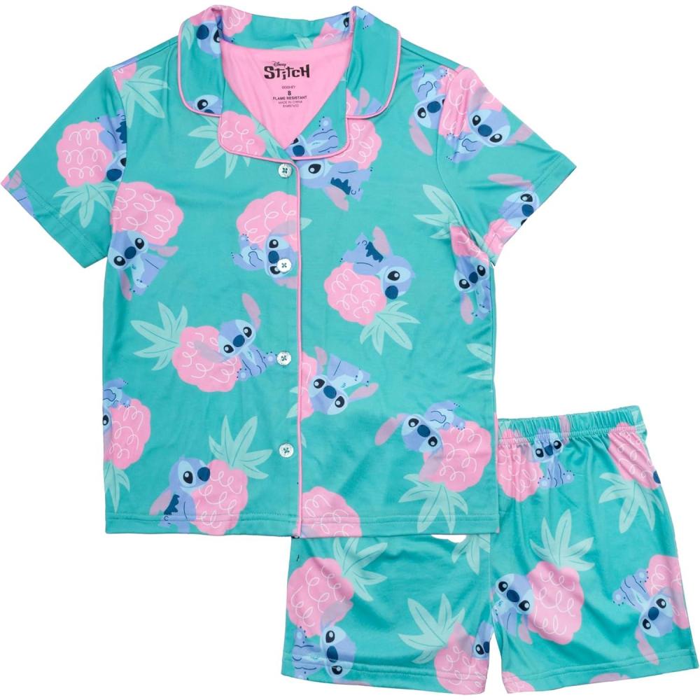imageDisney Girls 2Piece Loosefit Button Down Pajama Set Soft ampamp Cute for KidsHawaii Stitch