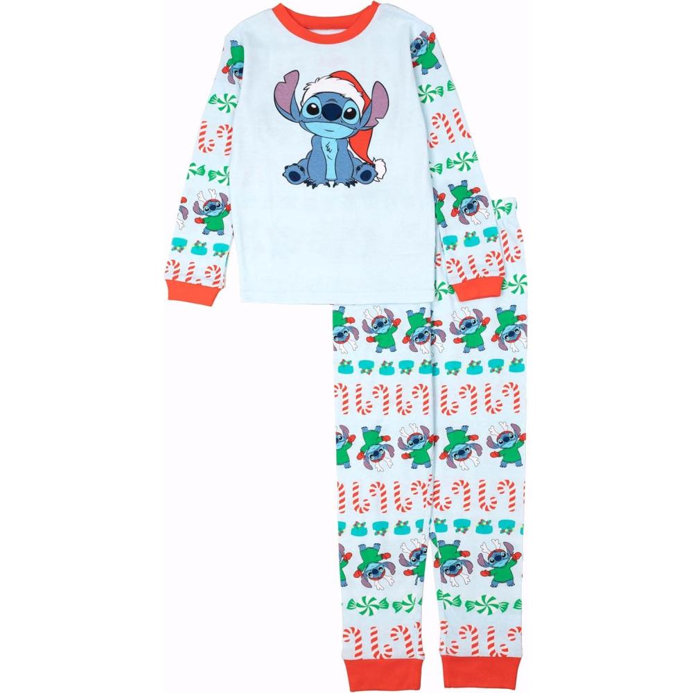imageDisney unisexchild 2piece Snugfit Cotton Holiday Pajama Set Soft ampamp Cute for KidsChristmas Stitch