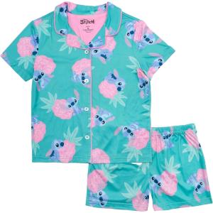 imageDisney Girls 2Piece Loosefit Button Down Pajama Set Soft ampamp Cute for KidsHawaii Stitch