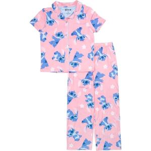 imageDisney Girls 2Piece Loosefit Button Down Pajama Set Soft ampamp Cute for KidsStitch Flowers