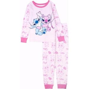 imageDisney girls 2piece Snugfit Cotton Holiday Pajama Set Soft ampamp Cute for KidsStitch and Angel