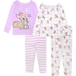 imageDisney Girls 4Piece Snugfit Cotton Pajama Set Soft ampamp Cute for KidsBambi and Thumper Dream