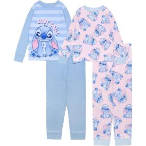imageDisney Girls 4Piece Snugfit Cotton Pajama Set Soft ampamp Cute for KidsStitch Just Chill