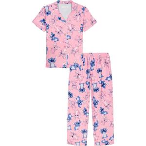imageDisney Girls 2piece Loosefit Button Down Matching Pajama Set Soft amp Cute for KidsStitch Loves