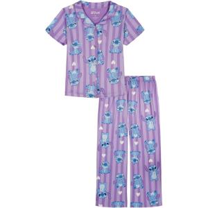 imageDisney Girls 2piece Loosefit Button Down Matching Pajama Set Soft amp Cute for KidsSweet Stitch